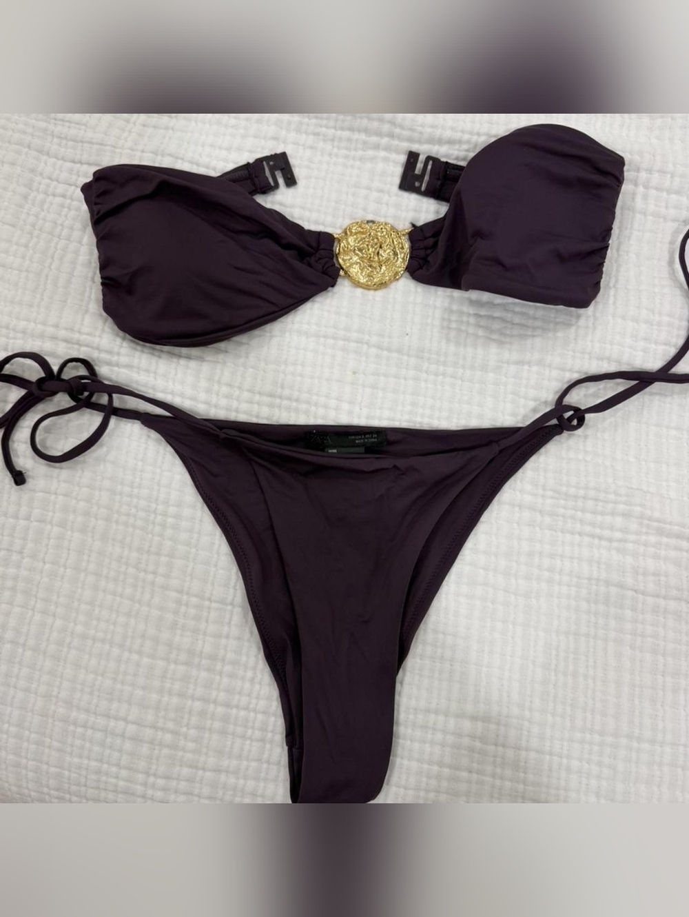 Zara Women's Purple Tie Bikini Set with Gold Detail